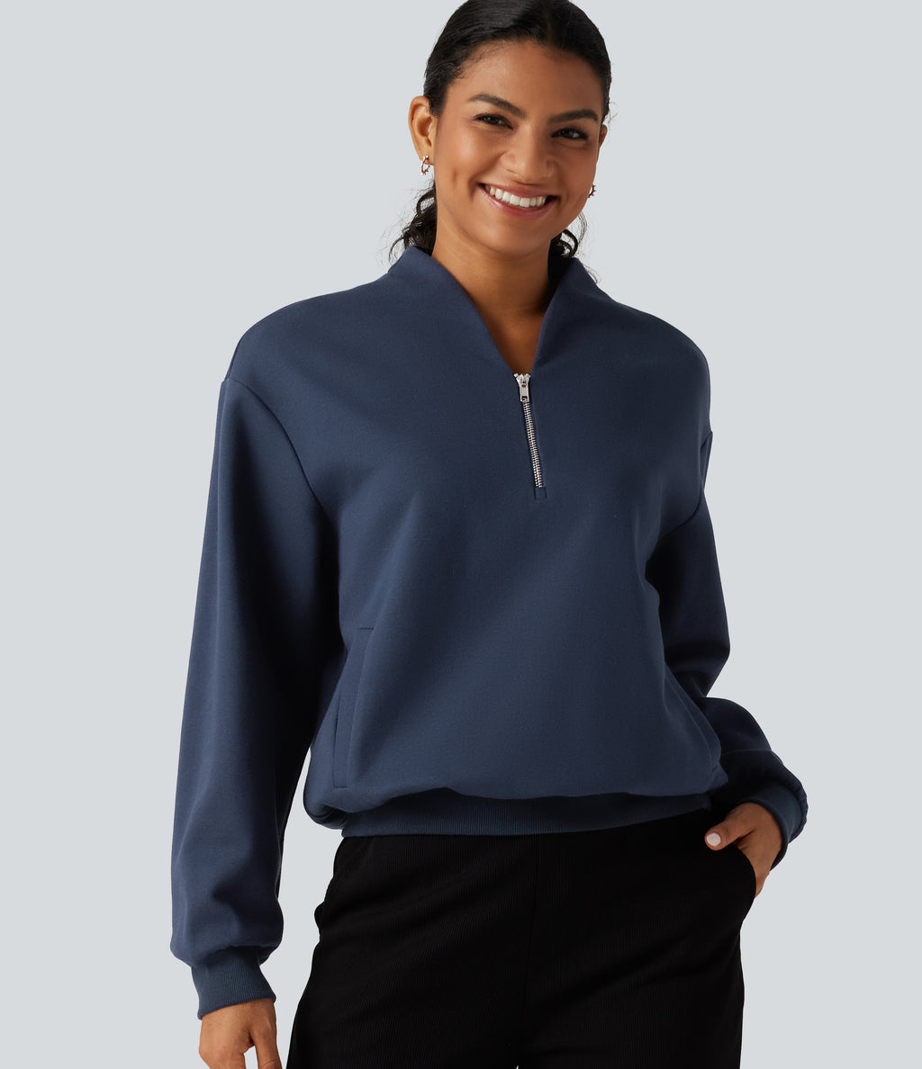 Stand Collar Long Sleeve Casual Cotton Sweatshirt with Pockets — Black Iris — view 5