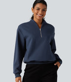 Stand Collar Long Sleeve Casual Cotton Sweatshirt with Pockets — Black Iris — view 5