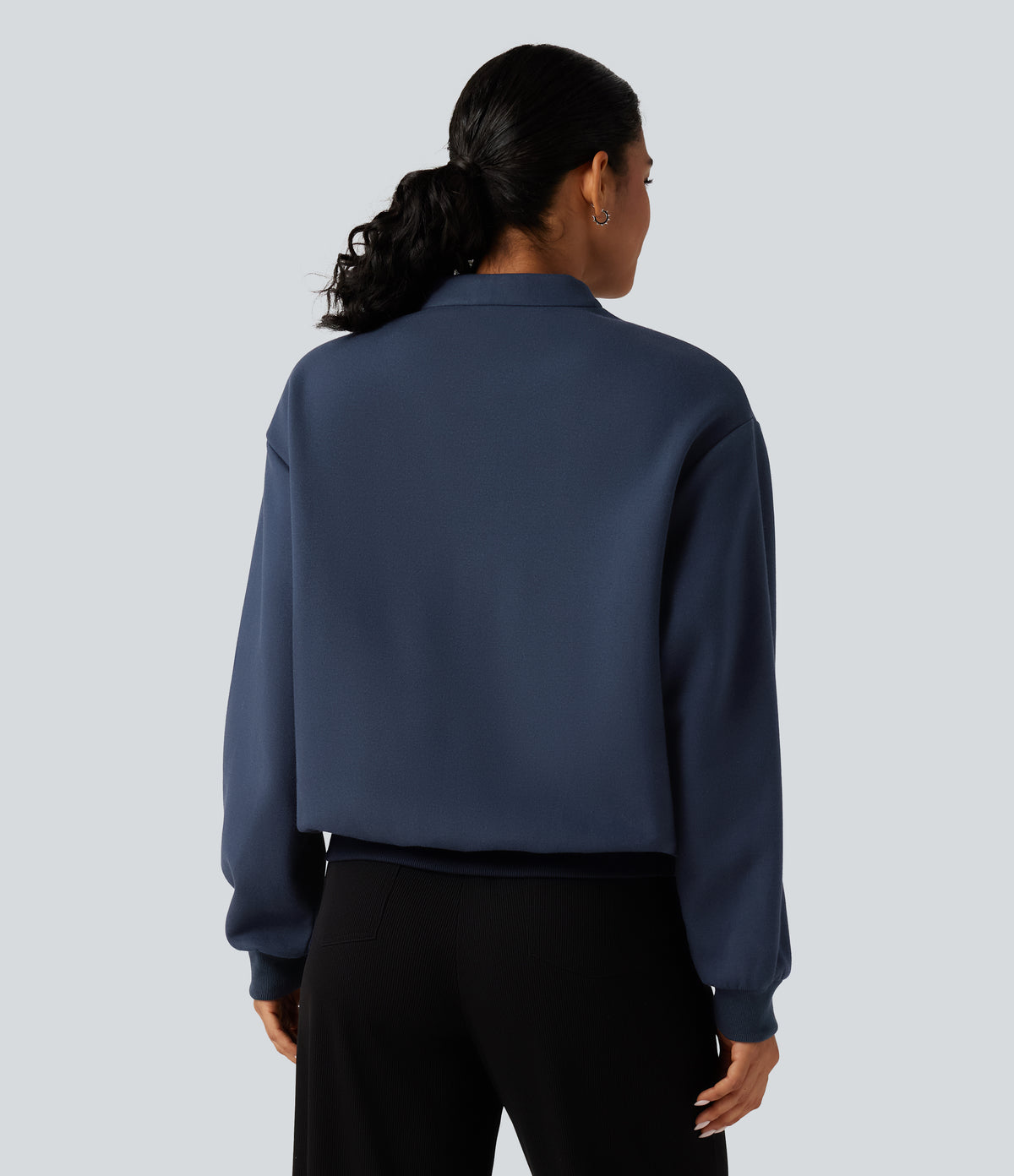 Stand Collar Long Sleeve Casual Cotton Sweatshirt with Pockets — Black Iris — view 2