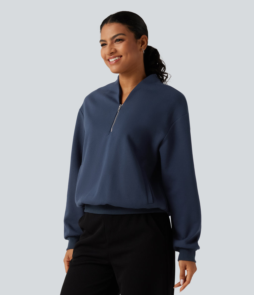 Stand Collar Long Sleeve Casual Cotton Sweatshirt with Pockets — Black Iris — view 3