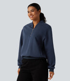 Stand Collar Long Sleeve Casual Cotton Sweatshirt with Pockets — Black Iris — view 3