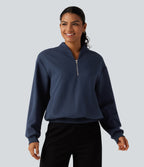 Stand Collar Long Sleeve Casual Cotton Sweatshirt with Pockets — Black Iris — view 1