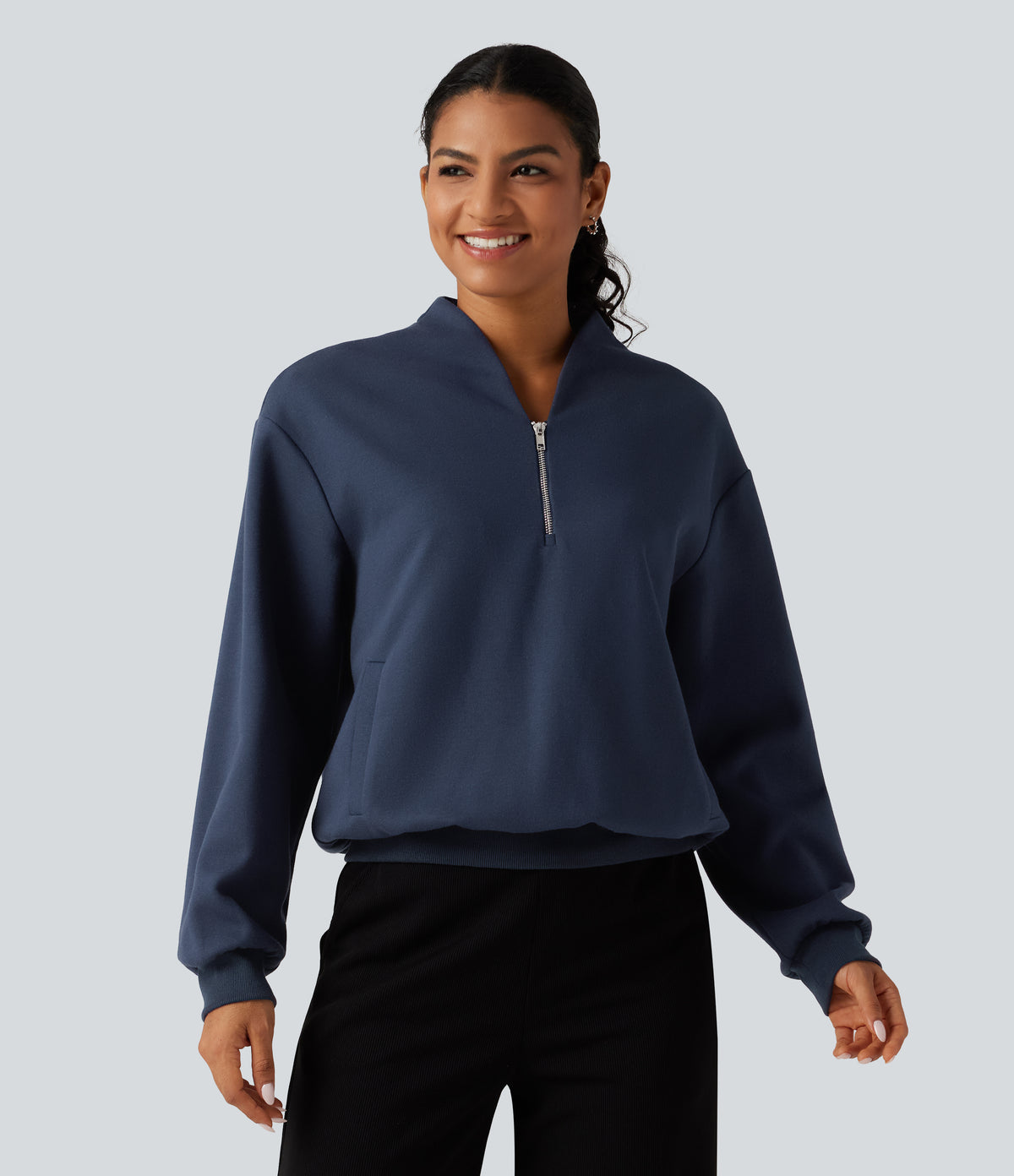 Stand Collar Long Sleeve Casual Cotton Sweatshirt with Pockets — Black Iris — view 1