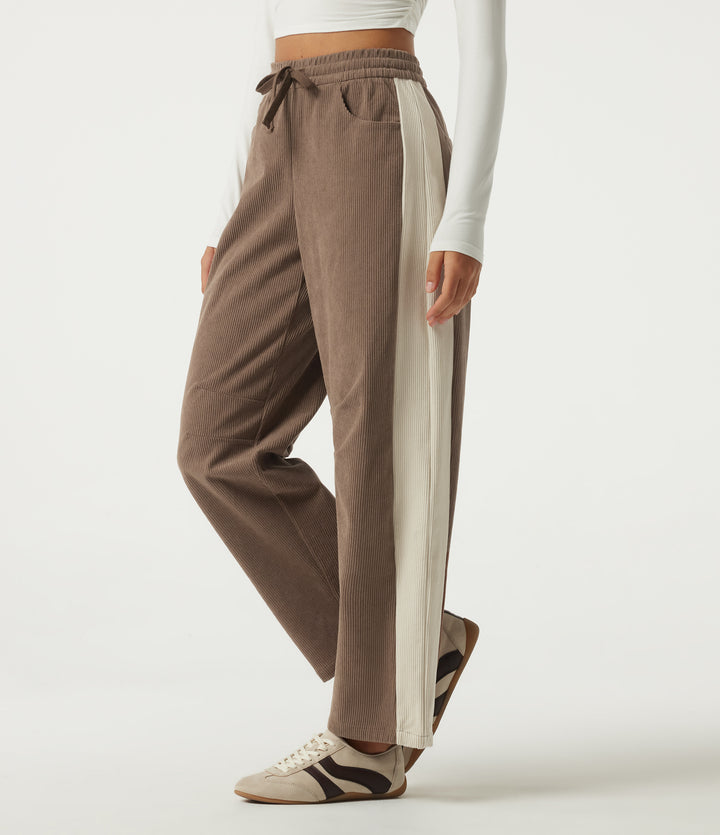 High Waisted Drawstring Color Block Barrel Leg Corduroy Casual Trousers with Pockets — Burnt Caramel — view 1