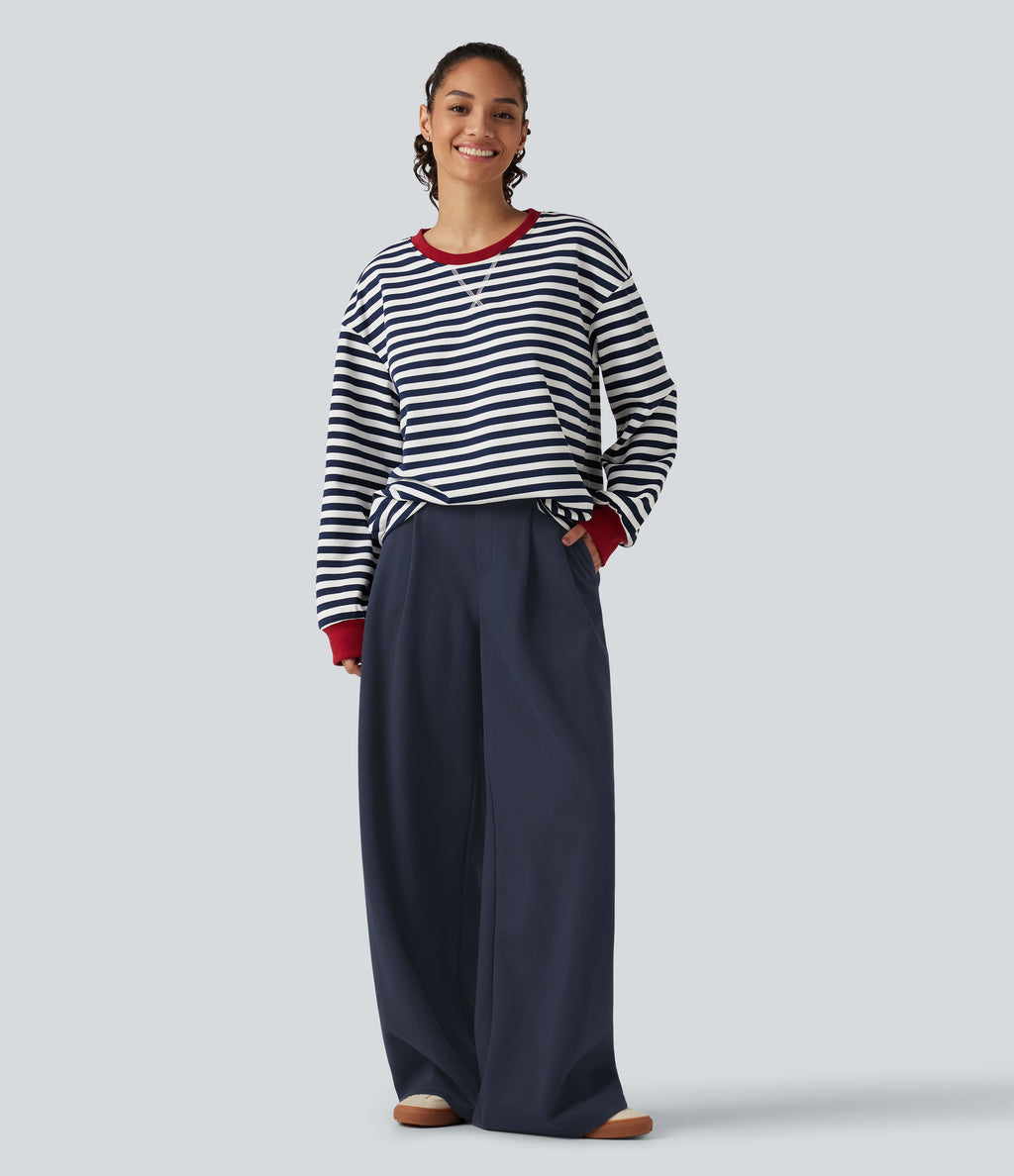 Mid Rise Wide Leg Casual Cotton Sweatpants with Pockets — Night Blue — view 6