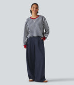 Mid Rise Wide Leg Casual Cotton Sweatpants with Pockets — Night Blue — view 6