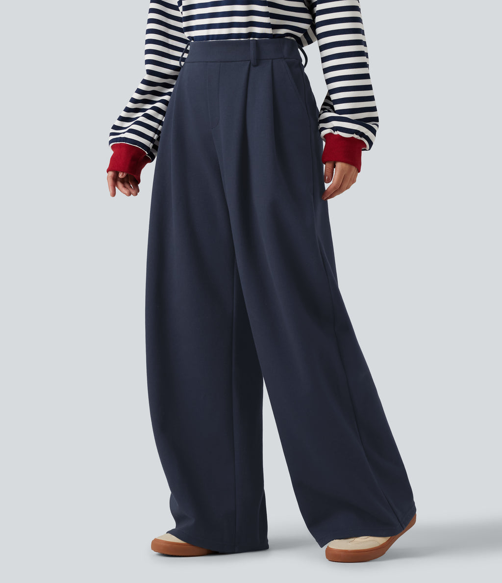 Mid Rise Wide Leg Casual Cotton Sweatpants with Pockets — Night Blue — view 3
