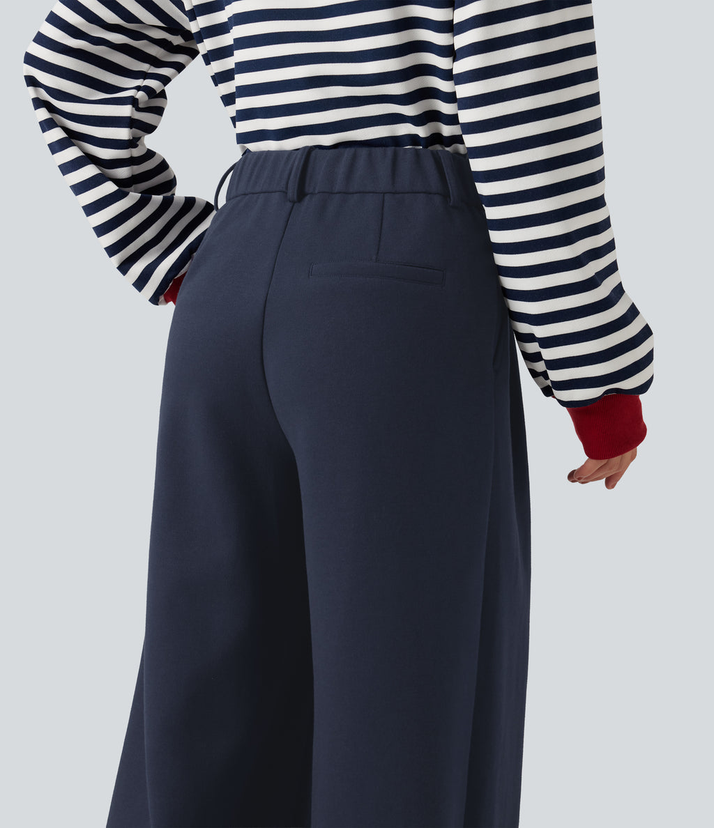 Mid Rise Wide Leg Casual Cotton Sweatpants with Pockets — Night Blue — view 4