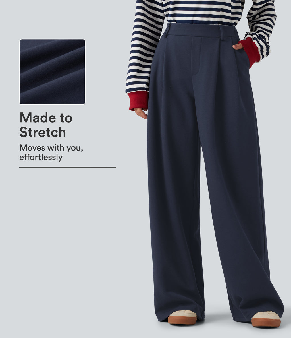 Mid Rise Wide Leg Casual Cotton Sweatpants with Pockets — Night Blue — view 1