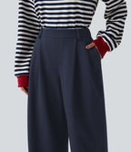 Mid Rise Wide Leg Casual Cotton Sweatpants with Pockets — Night Blue — view 5