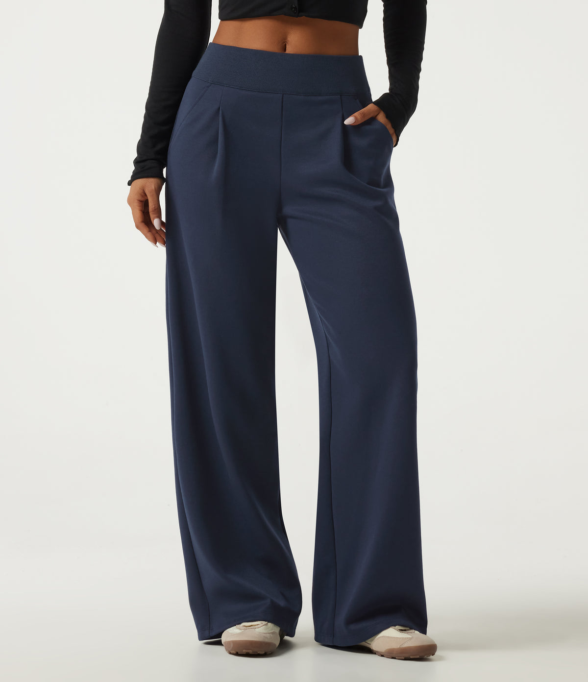 Mid Rise Straight Leg Casual Cotton Sweatpants with Pockets — Navy Blazer — view 1
