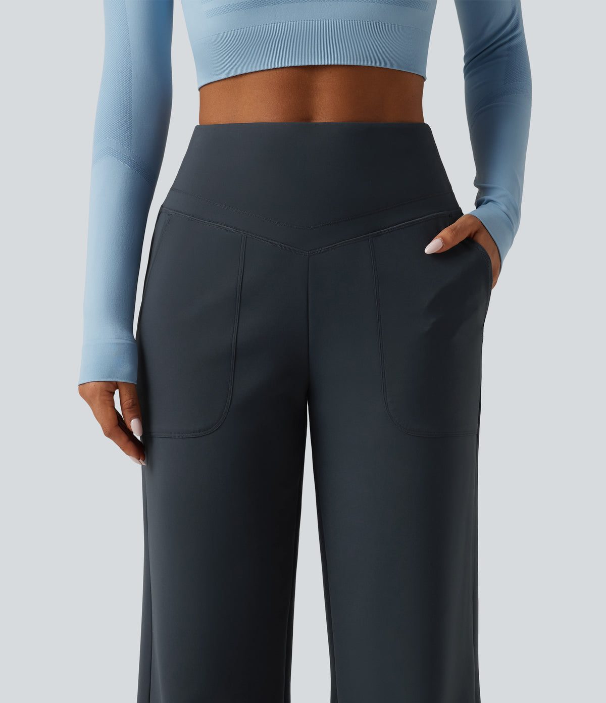 Extra Heat High Waisted Tummy Control Straight Leg Fleece Yoga Trousers with Pockets — Carbon — view 7