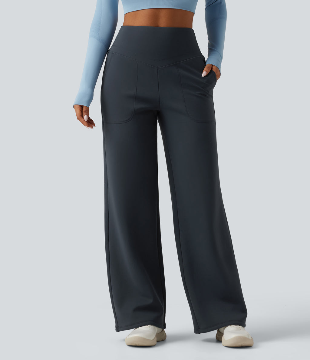 Extra Heat High Waisted Tummy Control Straight Leg Fleece Yoga Trousers with Pockets — Carbon — view 2