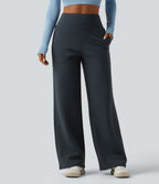 Extra Heat High Waisted Tummy Control Straight Leg Fleece Yoga Trousers with Pockets — Carbon — view 2