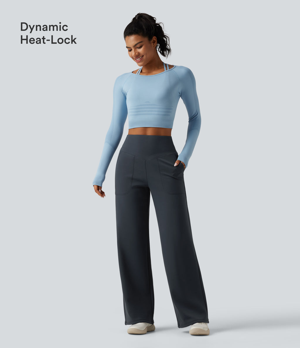 Extra Heat High Waisted Tummy Control Straight Leg Fleece Yoga Trousers with Pockets — Carbon — view 4