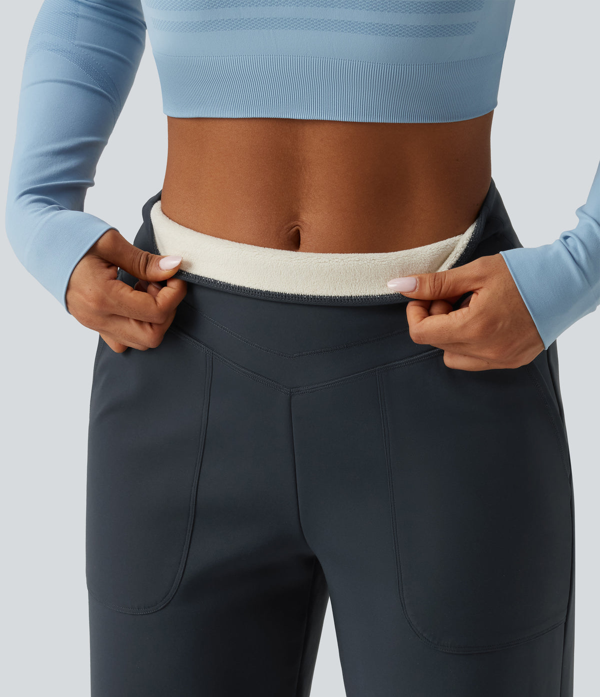 Extra Heat High Waisted Tummy Control Straight Leg Fleece Yoga Trousers with Pockets — Carbon — view 8