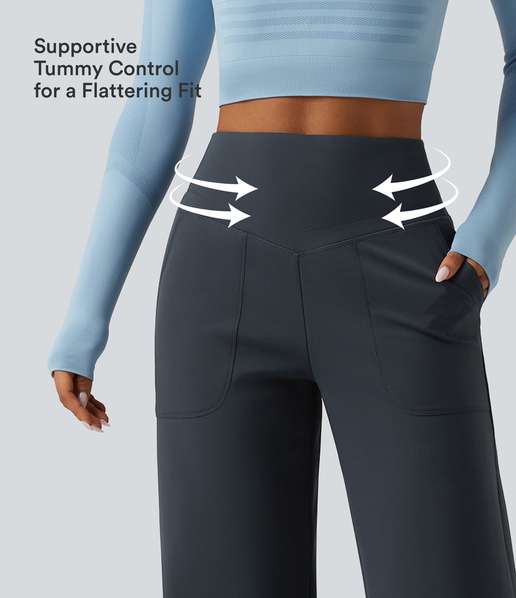 Extra Heat High Waisted Tummy Control Straight Leg Fleece Yoga Trousers with Pockets — Carbon — view 5