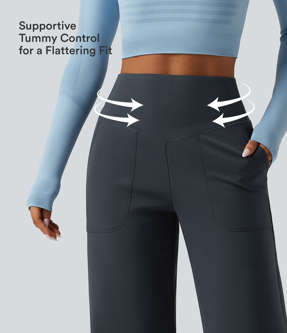 Extra Heat High Waisted Tummy Control Straight Leg Fleece Yoga Trousers with Pockets — Carbon — view 5