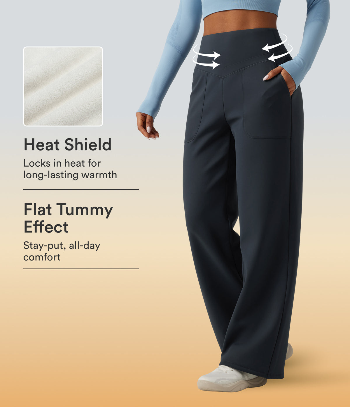 Extra Heat High Waisted Tummy Control Straight Leg Fleece Yoga Trousers with Pockets — Carbon — view 1