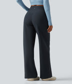 Extra Heat High Waisted Tummy Control Straight Leg Fleece Yoga Trousers with Pockets — Carbon — view 3