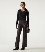 High Waisted Stretchy PU Fleece Tummy Control Casual Flare Trousers with Pockets — Hot Fudge — view 7