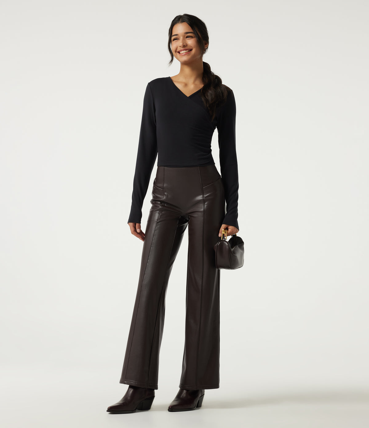 High Waisted Stretchy PU Fleece Tummy Control Casual Flare Trousers with Pockets — Hot Fudge — view 7