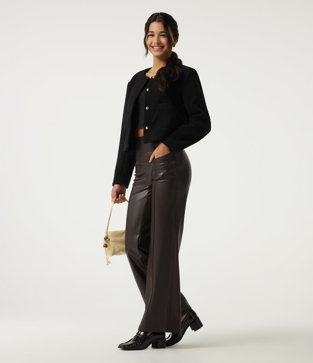 High Waisted Stretchy PU Fleece Tummy Control Casual Flare Trousers with Pockets — Hot Fudge — view 8