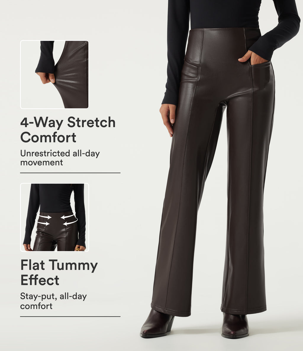 High Waisted Stretchy PU Fleece Tummy Control Casual Flare Trousers with Pockets — Hot Fudge — view 1
