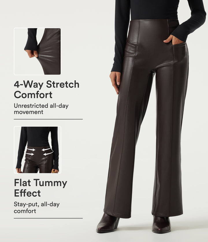 High Waisted Stretchy PU Fleece Tummy Control Casual Flare Trousers with Pockets — Hot Fudge — view 1