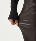 High Waisted Stretchy PU Fleece Tummy Control Casual Flare Trousers with Pockets — Hot Fudge — view 6