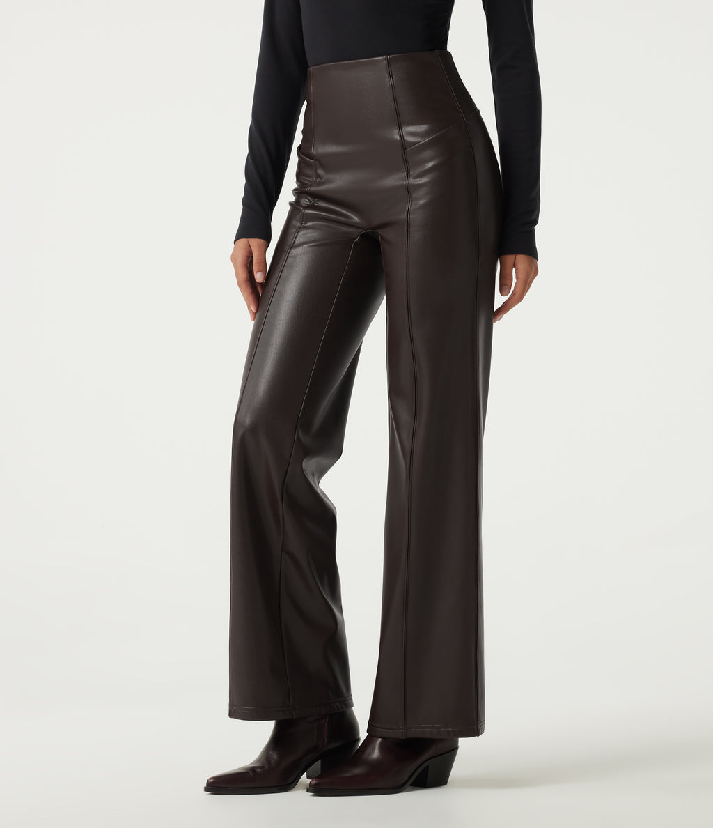 High Waisted Stretchy PU Fleece Tummy Control Casual Flare Trousers with Pockets — Hot Fudge — view 3
