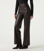 High Waisted Stretchy PU Fleece Tummy Control Casual Flare Trousers with Pockets — Hot Fudge — view 3