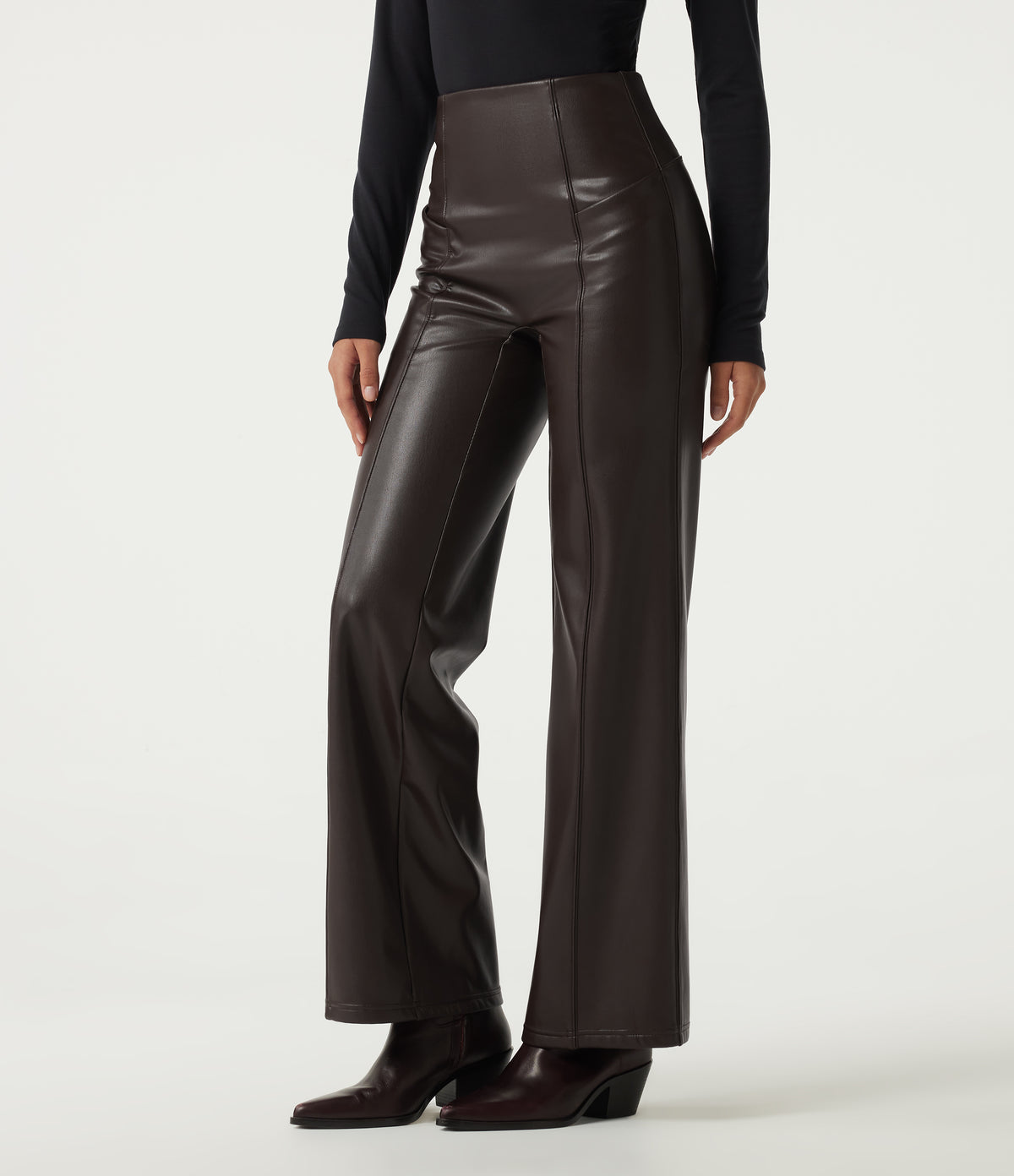 High Waisted Stretchy PU Fleece Tummy Control Casual Flare Trousers with Pockets — Hot Fudge — view 3