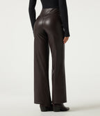 High Waisted Stretchy PU Fleece Tummy Control Casual Flare Trousers with Pockets — Hot Fudge — view 2