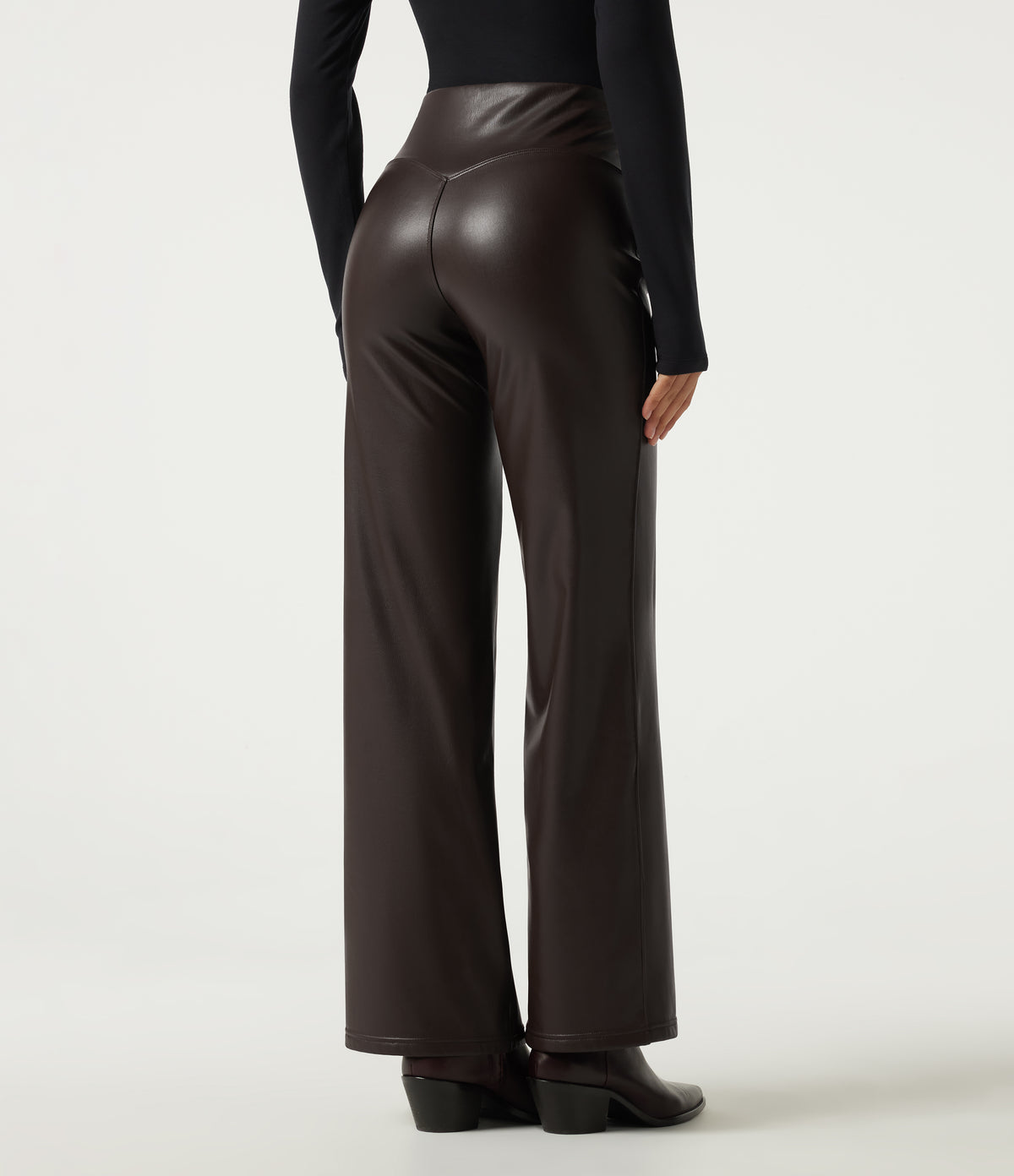 High Waisted Stretchy PU Fleece Tummy Control Casual Flare Trousers with Pockets — Hot Fudge — view 2