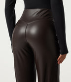 High Waisted Stretchy PU Fleece Tummy Control Casual Flare Trousers with Pockets — Hot Fudge — view 4