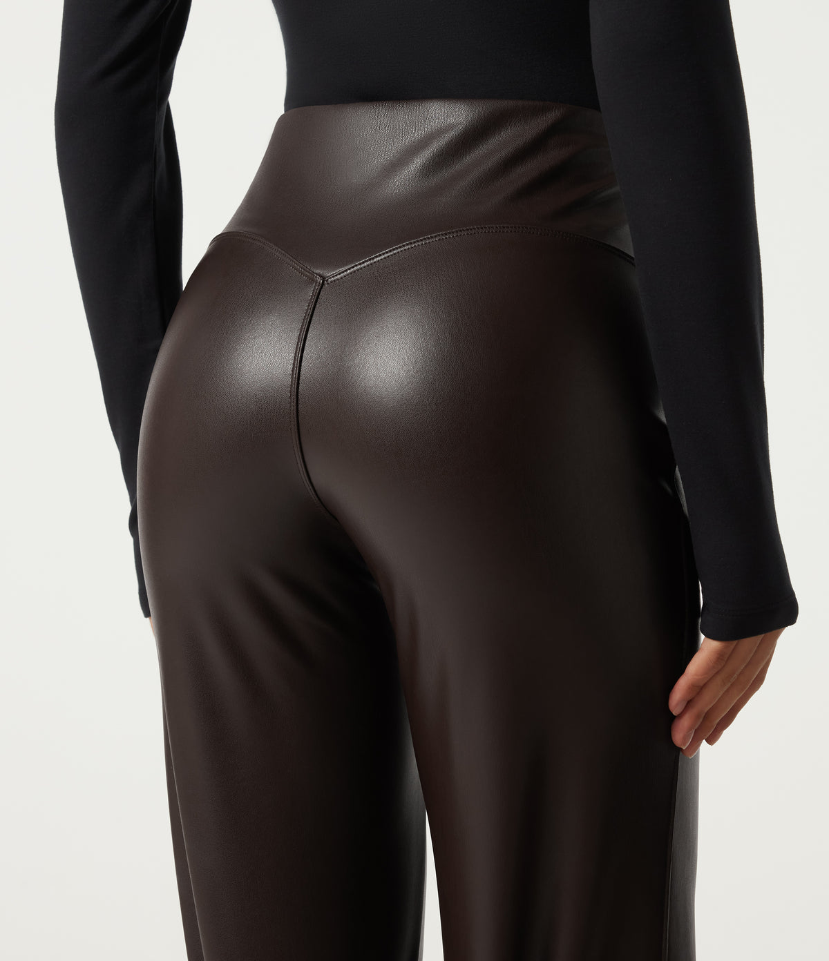 High Waisted Stretchy PU Fleece Tummy Control Casual Flare Trousers with Pockets — Hot Fudge — view 4