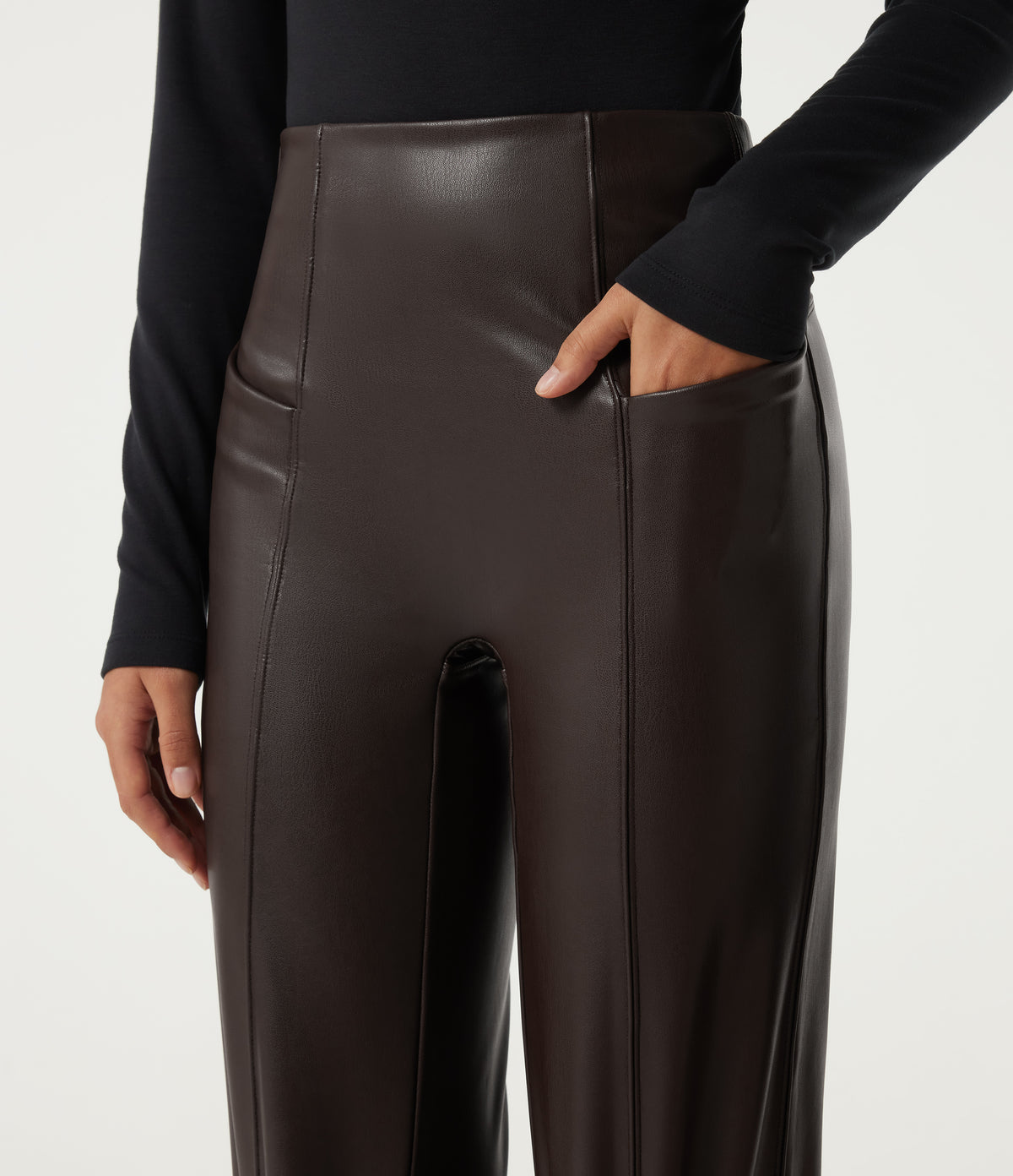 High Waisted Stretchy PU Fleece Tummy Control Casual Flare Trousers with Pockets — Hot Fudge — view 5