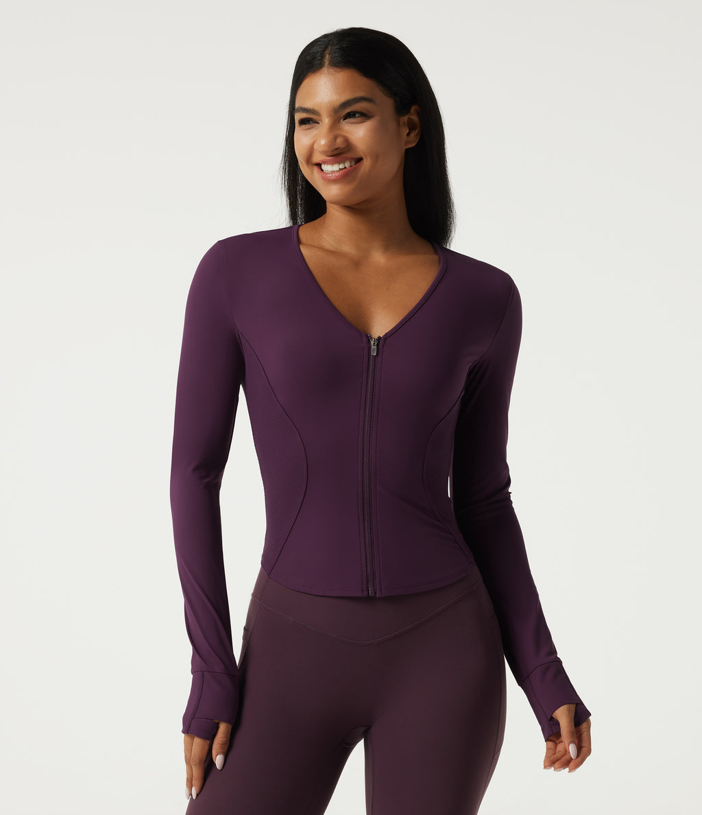 V Neck Long Sleeve Yoga Jacket with Pockets — Italian Plum — view 3