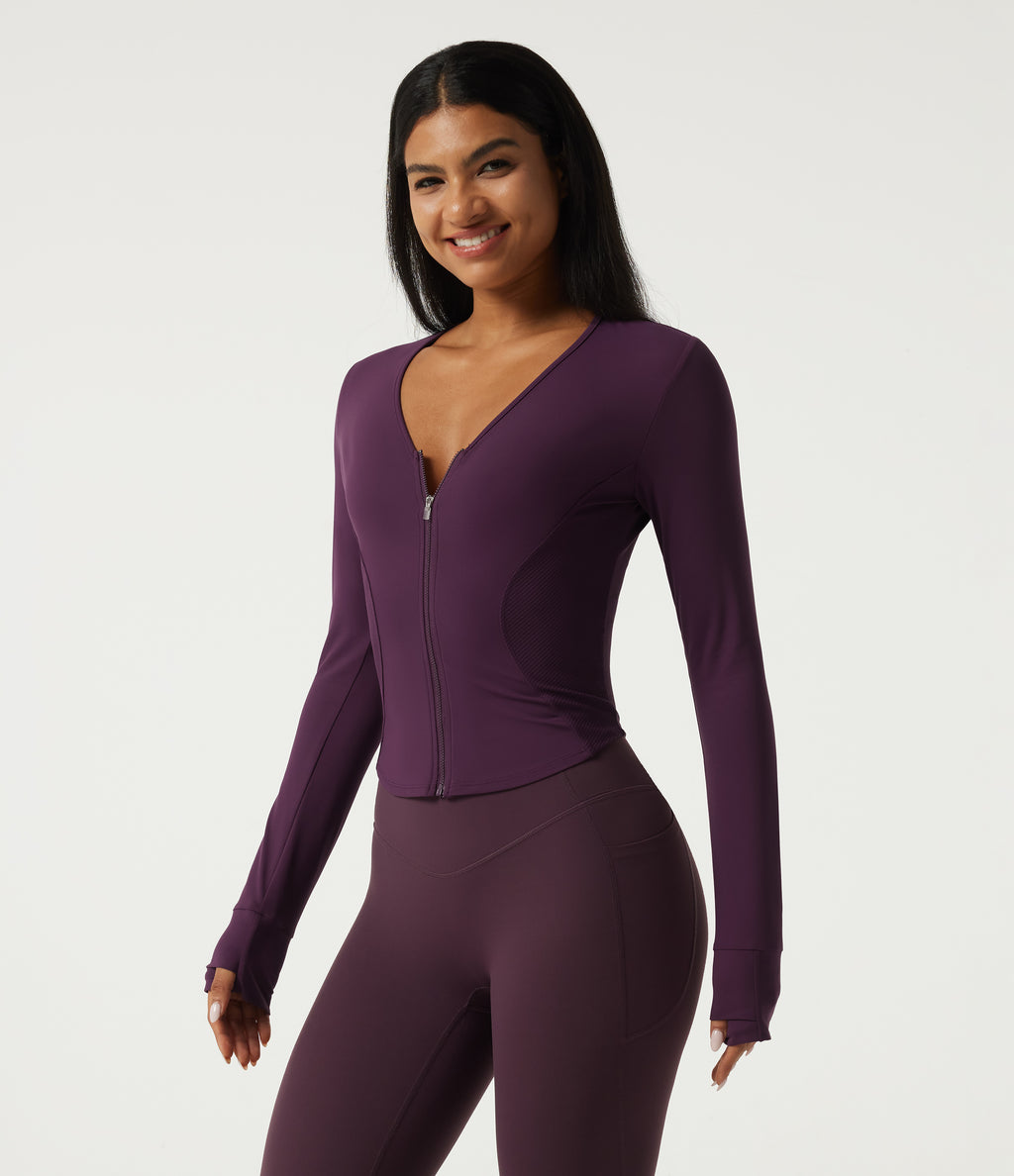 V Neck Long Sleeve Yoga Jacket with Pockets — Italian Plum — view 8