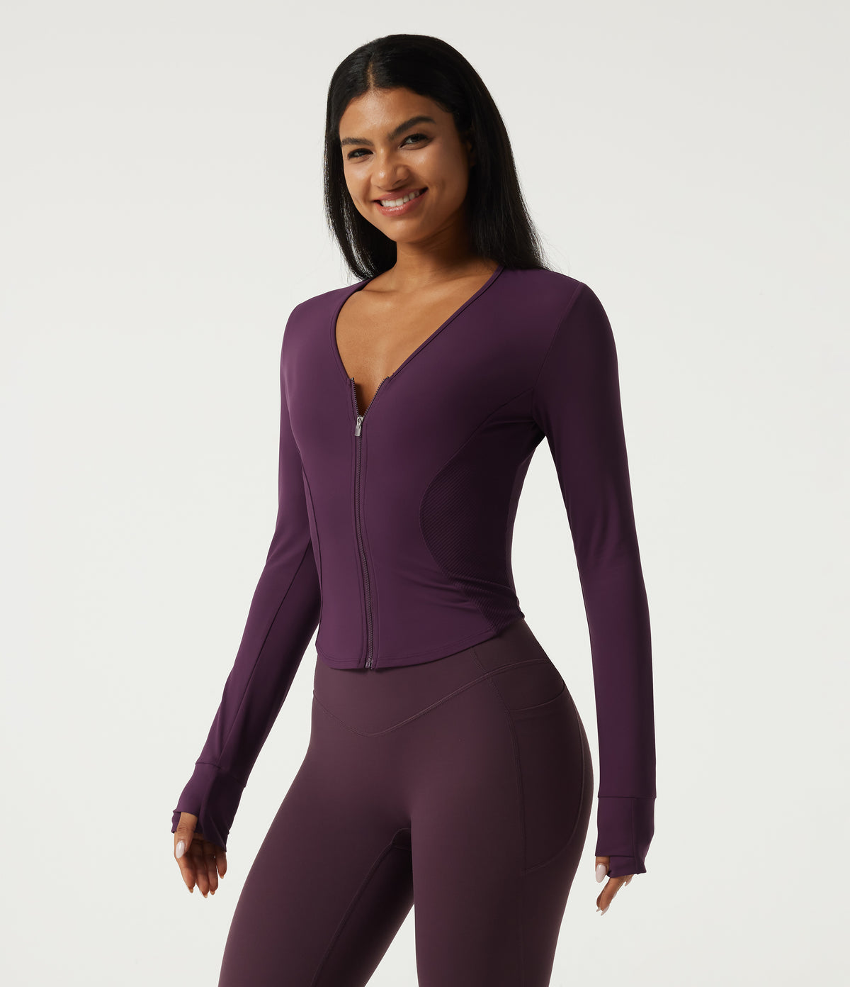 V Neck Long Sleeve Yoga Jacket with Pockets — Italian Plum — view 8
