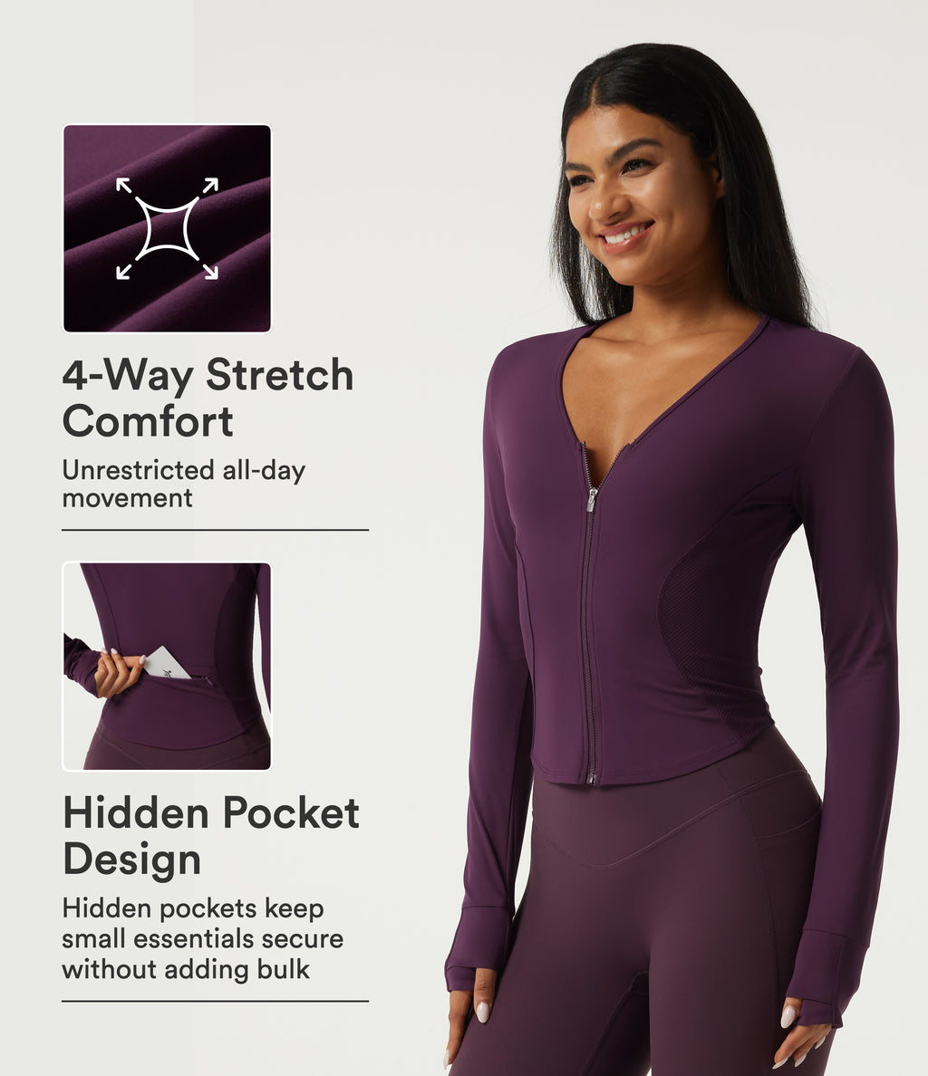 V Neck Long Sleeve Yoga Jacket with Pockets — Italian Plum — view 1