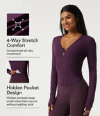 V Neck Long Sleeve Yoga Jacket with Pockets — Italian Plum — view 1