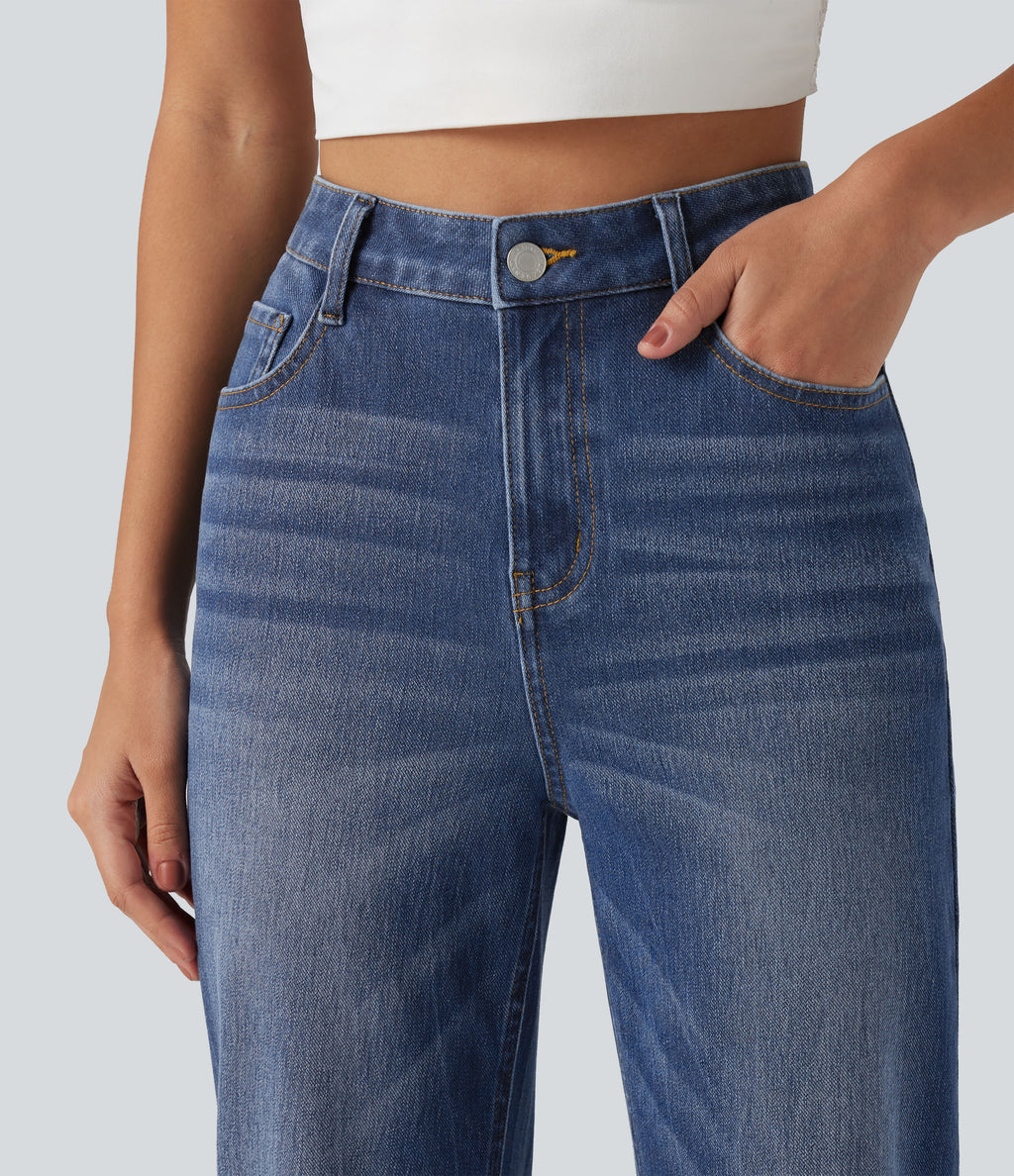 High Waisted Straight Leg Casual Cotton Jeans with Pockets — Tide Blue Denim — view 4