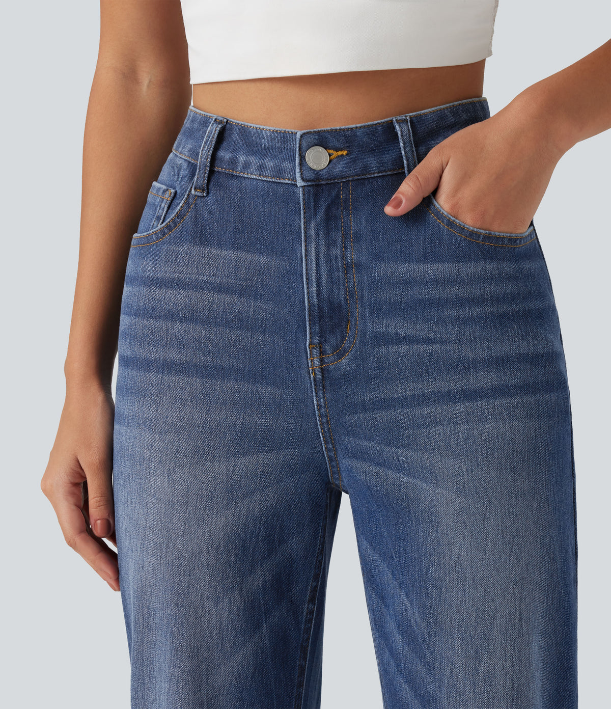 High Waisted Straight Leg Casual Cotton Jeans with Pockets — Tide Blue Denim — view 4