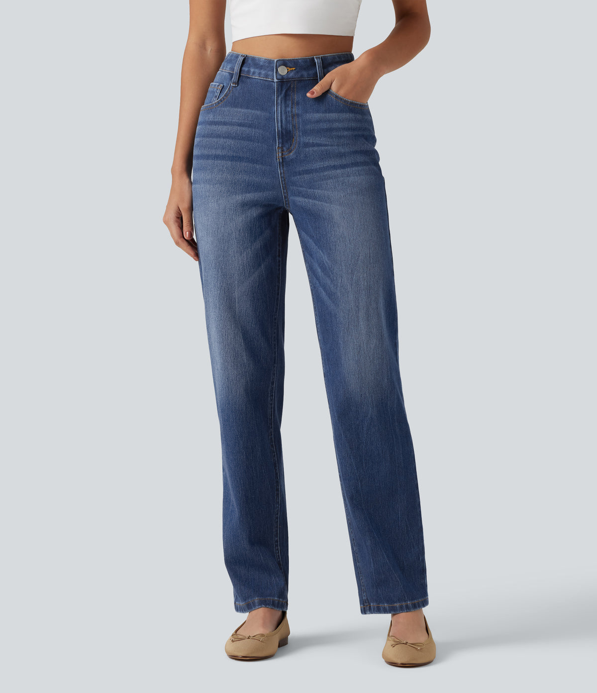 High Waisted Straight Leg Casual Cotton Jeans with Pockets — Tide Blue Denim — view 1
