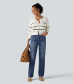 High Waisted Straight Leg Casual Cotton Jeans with Pockets — Tide Blue Denim — view 7
