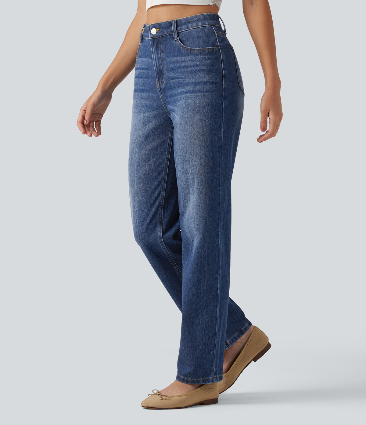 High Waisted Straight Leg Casual Cotton Jeans with Pockets — Tide Blue Denim — view 3