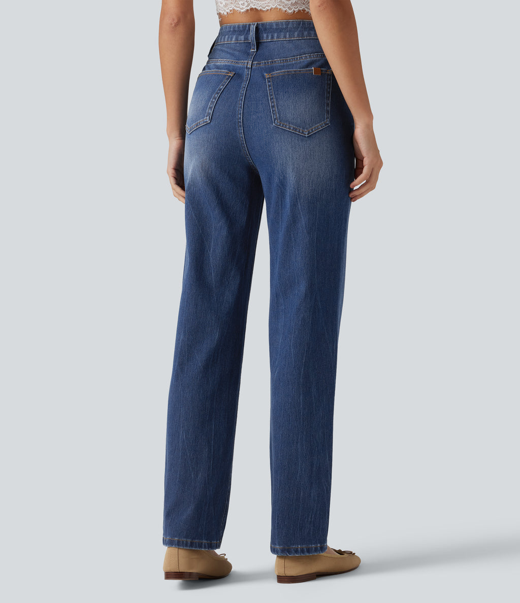 High Waisted Straight Leg Casual Cotton Jeans with Pockets — Tide Blue Denim — view 2
