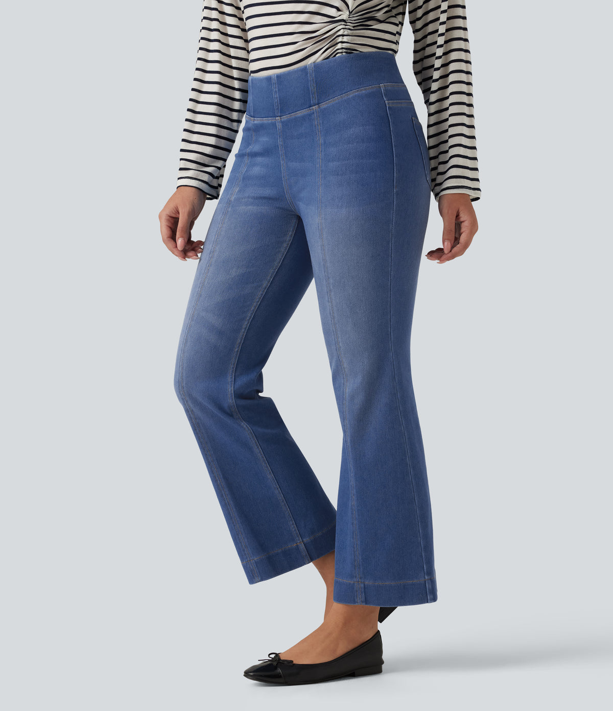 Mid Rise Bootcut Casual Cotton Jeans with Pockets — Gulf Stream Blue Denim — view 3